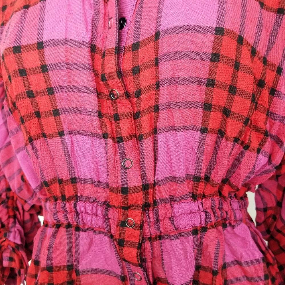 Free People Red & Pink Plaid Shirt XS NWT Adjustable Cinch Waist Arms Frayed Hem - Picture 7 of 15